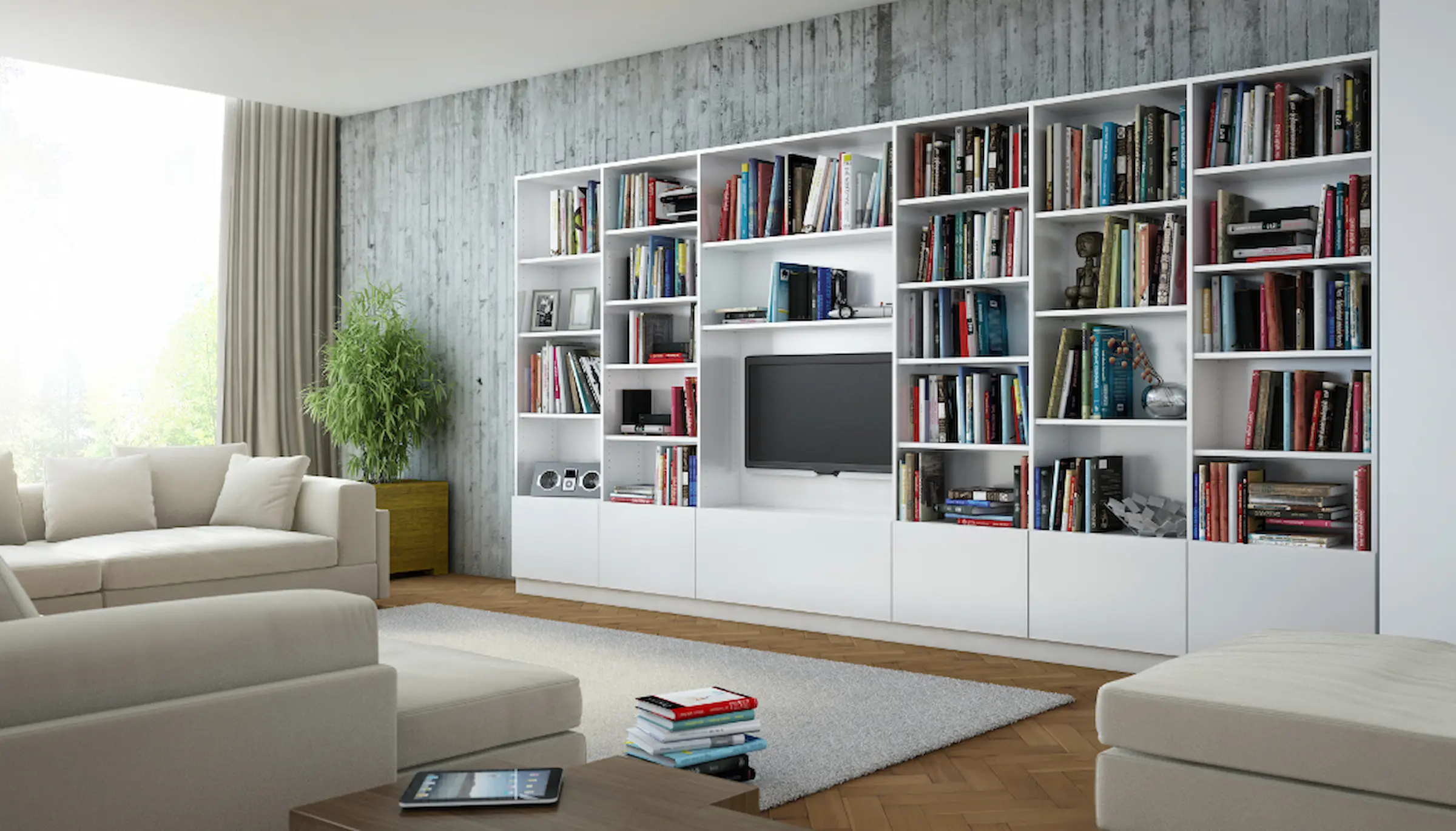 Hifi-Möbel in Weiss als Wohnwand mit TV und Buechern.