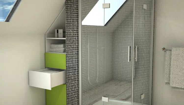 Badezimmer Schrank unter der Schraege nach Maß und gruener Front.
