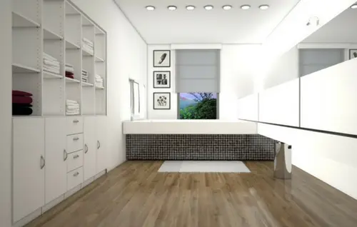 Badezimmer Einbauschrank in Weiss mit Regal und Dekoration.