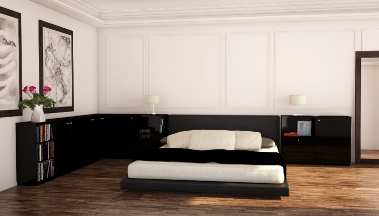 Schlafzimmer mit schwarzem Lowboard