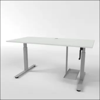 Schreibtisch mit Gestell und Kurbel in Grau.