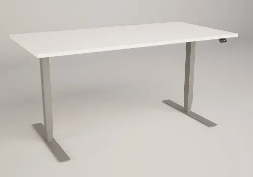 Schreibtisch mit heller Platte und Tischgestell in Grau.