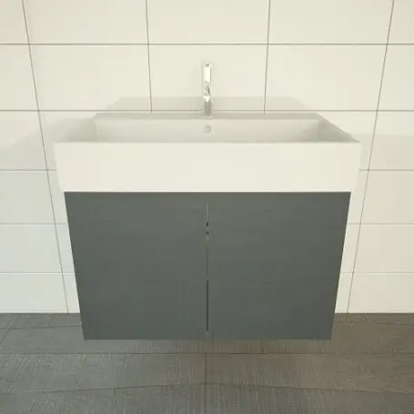 Einfacher Waschtischunterschrank in Grau mit Waschbecken in Weiß.